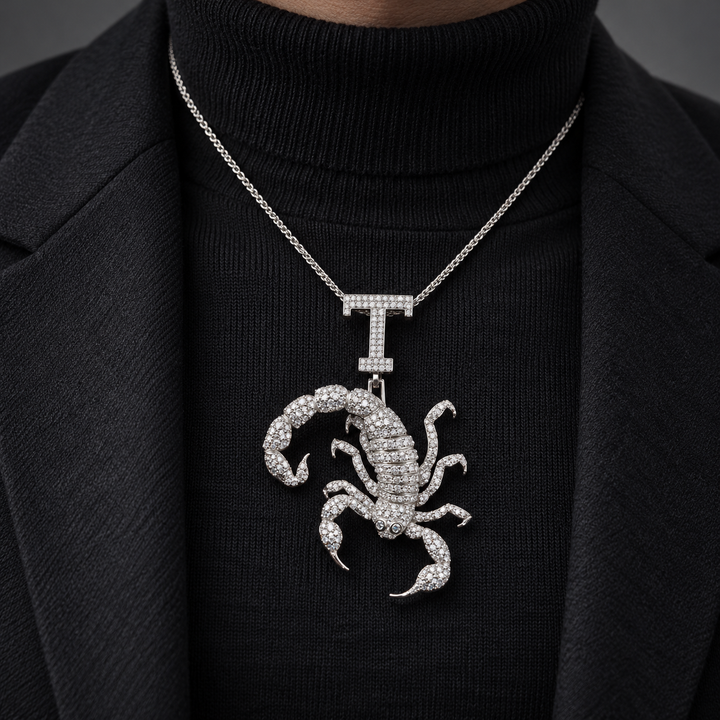 Scorpion White Metal-Tone Pavé Pendant with Curled Tail and T Initial Bail