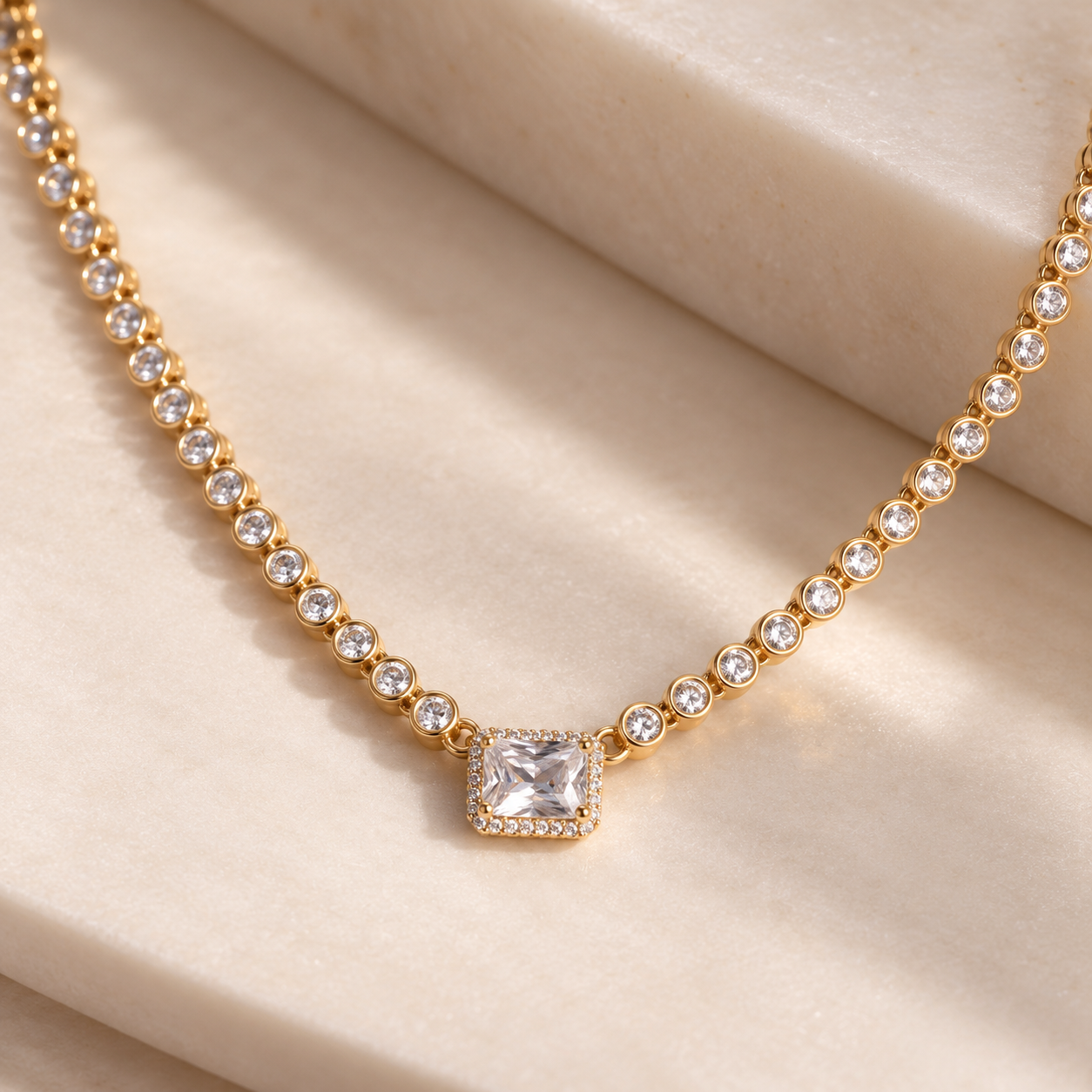 Princess Cut Halo Bezel Set Yellow Gold Tennis Necklace