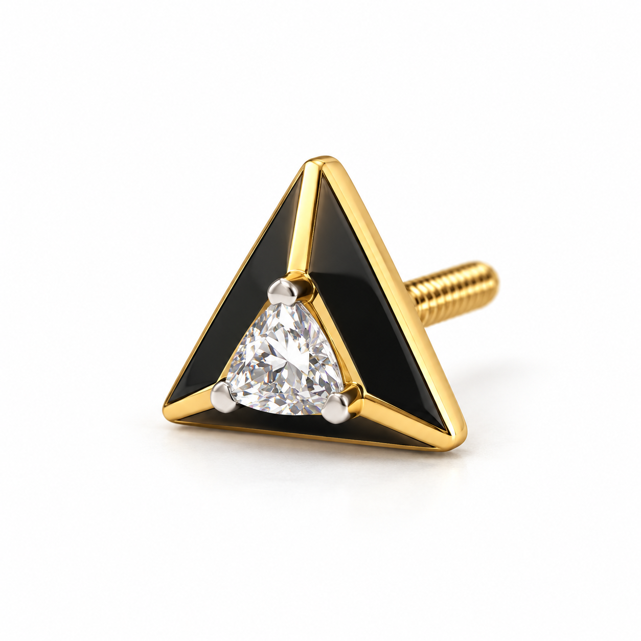 Men’s Black Triangle Yellow Gold-Tone Stud Earring with Trillion-Style Stone