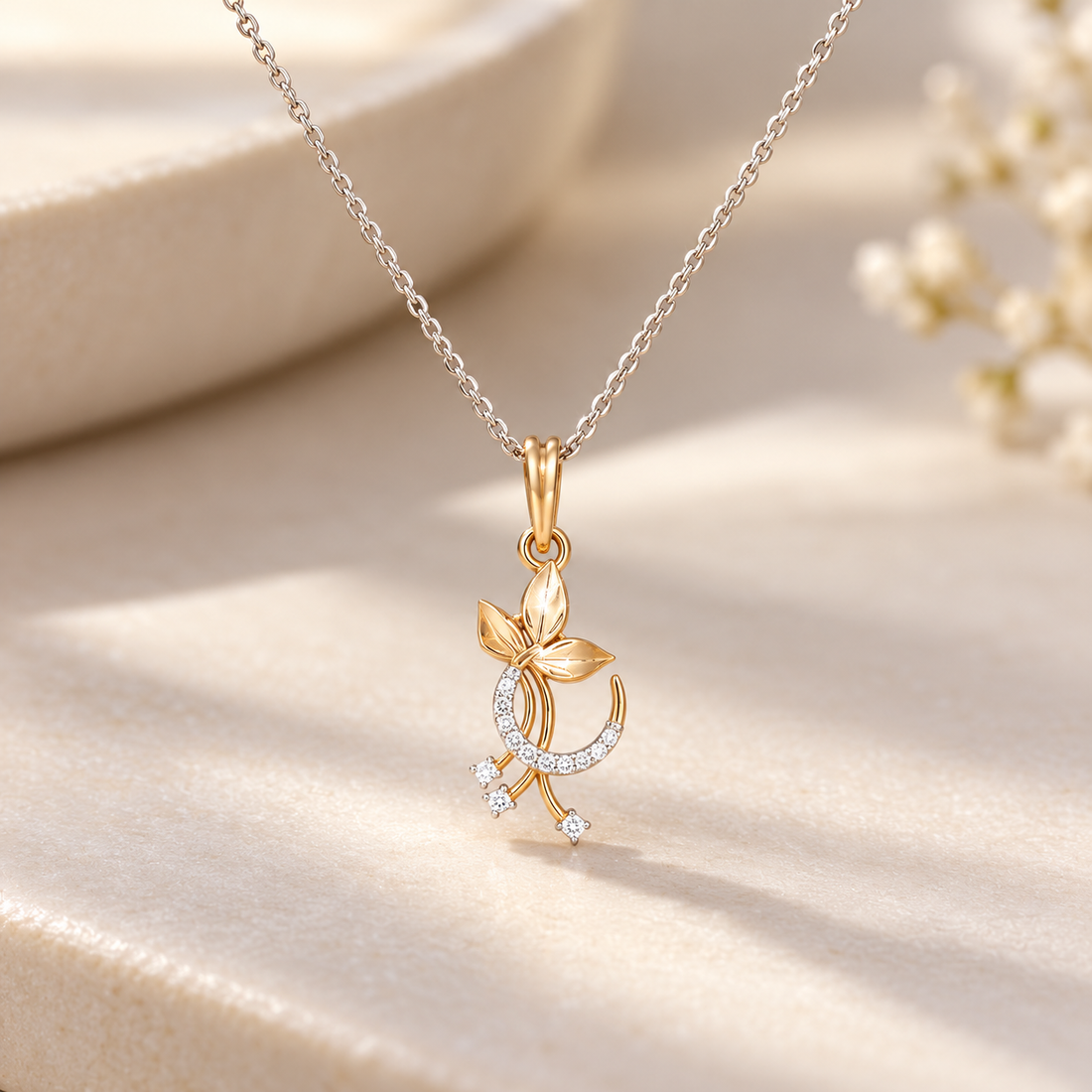 Three Leaf Pavé Crescent Two Tone Gold Pendant Necklace
