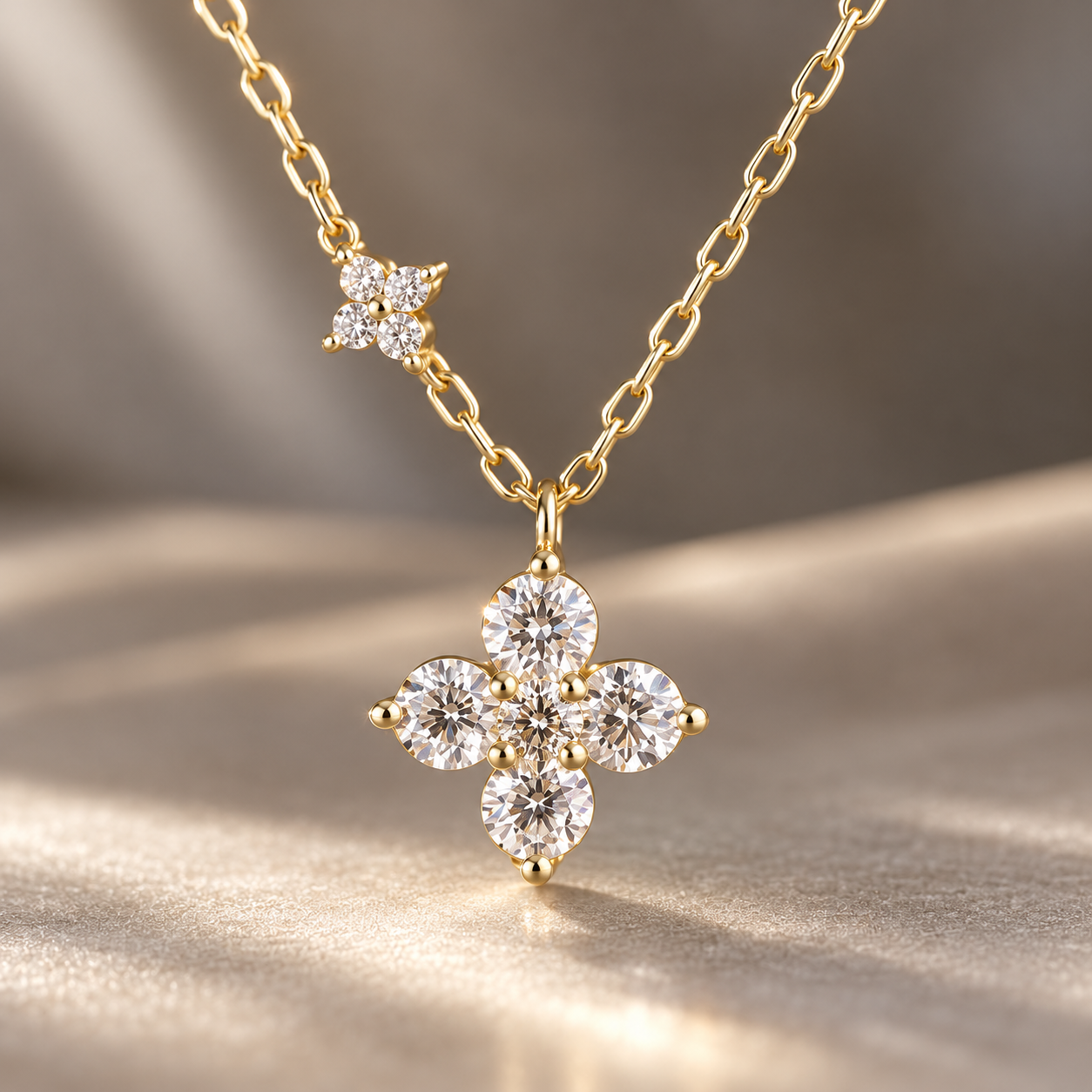 Four Petal Round Cut Floral Cluster Yellow Gold Pendant Necklace