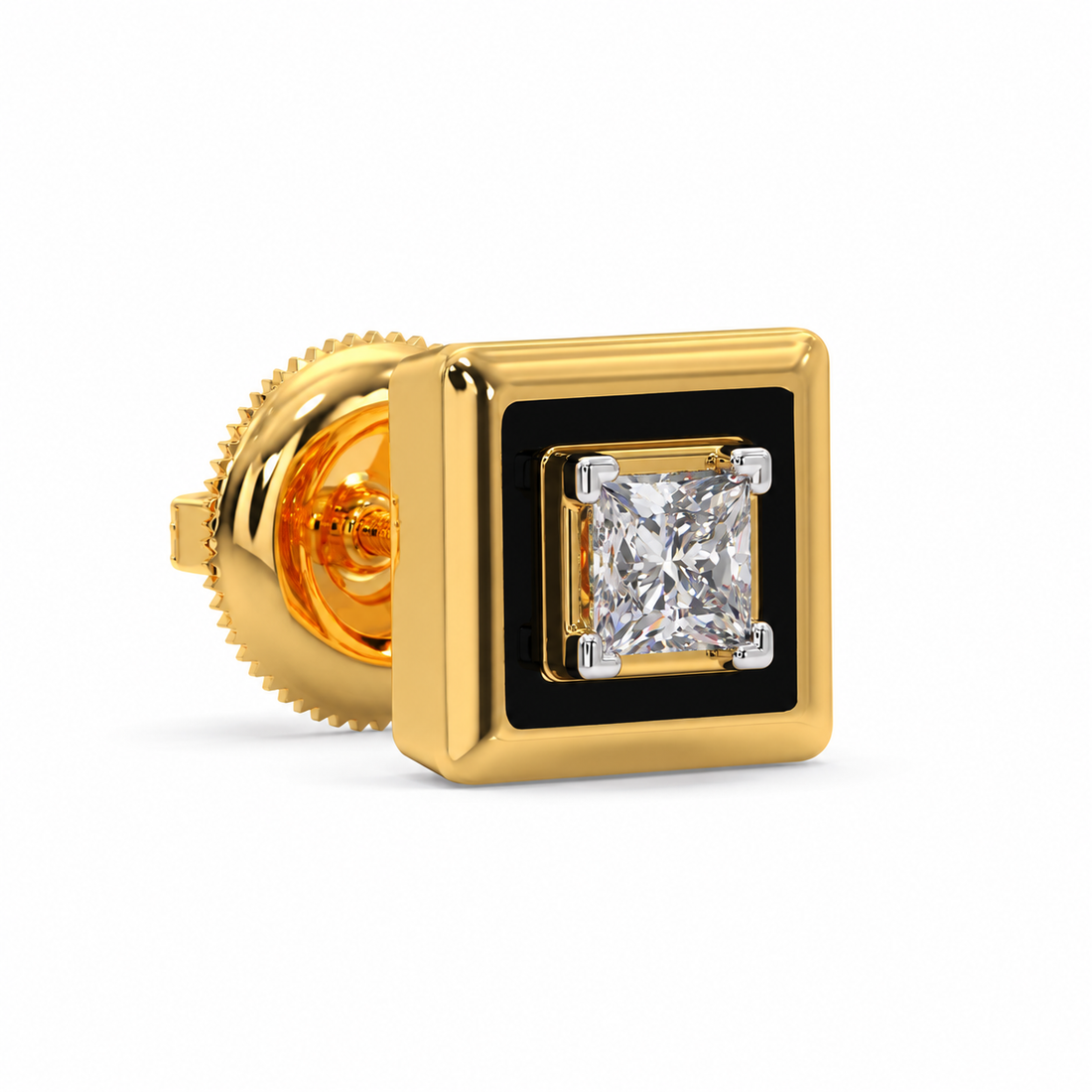 Men’s Black Square Yellow Gold-Tone Stud Earring with Princess Cut Center Stone