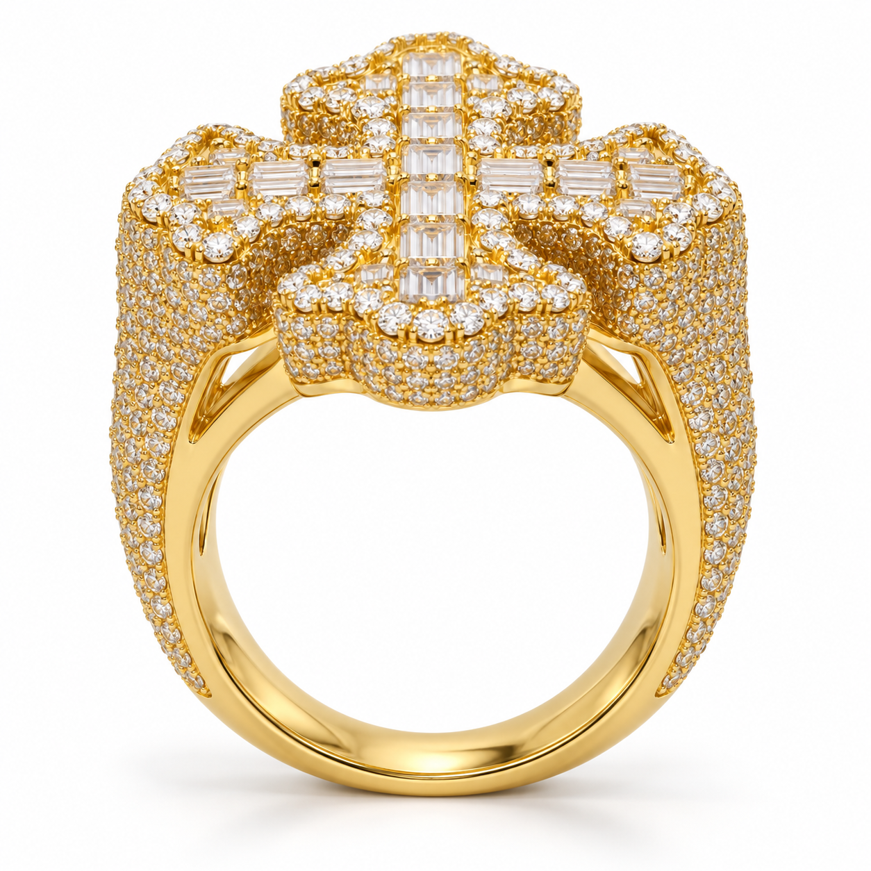 Ornate Baguette Cross Iced Out Yellow Gold-Tone Ring – Custom Hip Hop Statement Jewelry