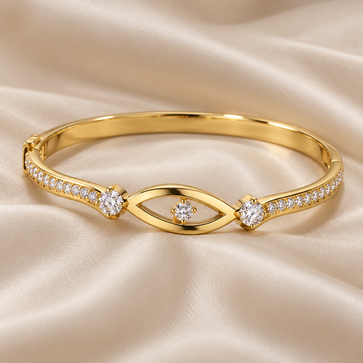 Yellow Gold-Tone Open Eye Motif Clear Stone Bangle Bracelet