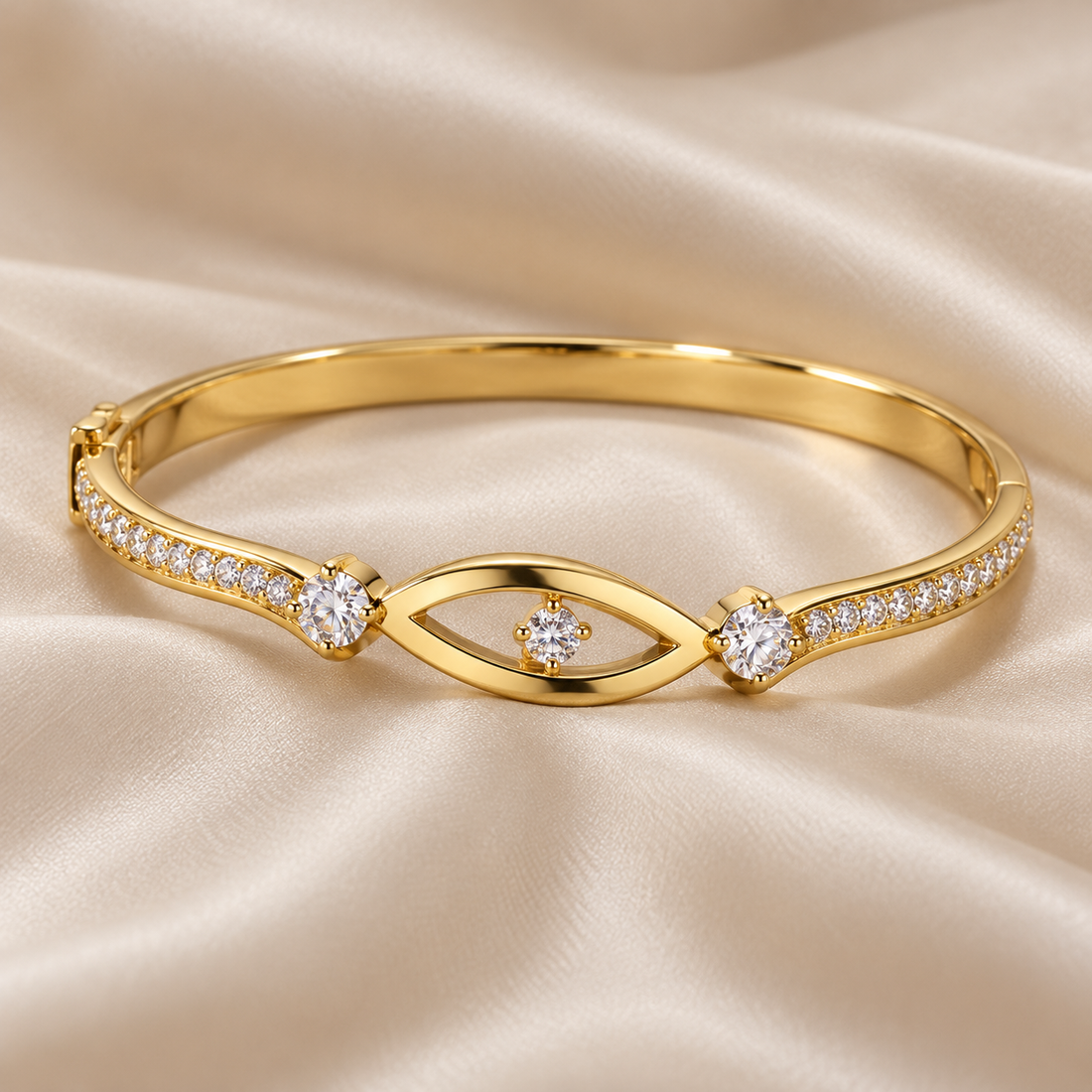 Yellow Gold-Tone Open Eye Motif Clear Stone Bangle Bracelet