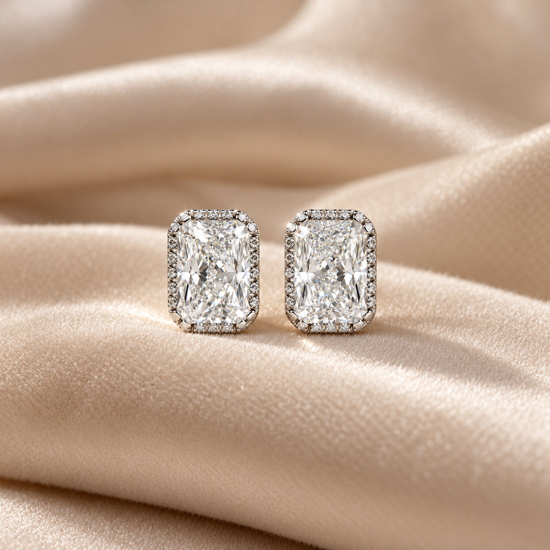 Radiant Cut Halo Stud Earrings with Screw Backs