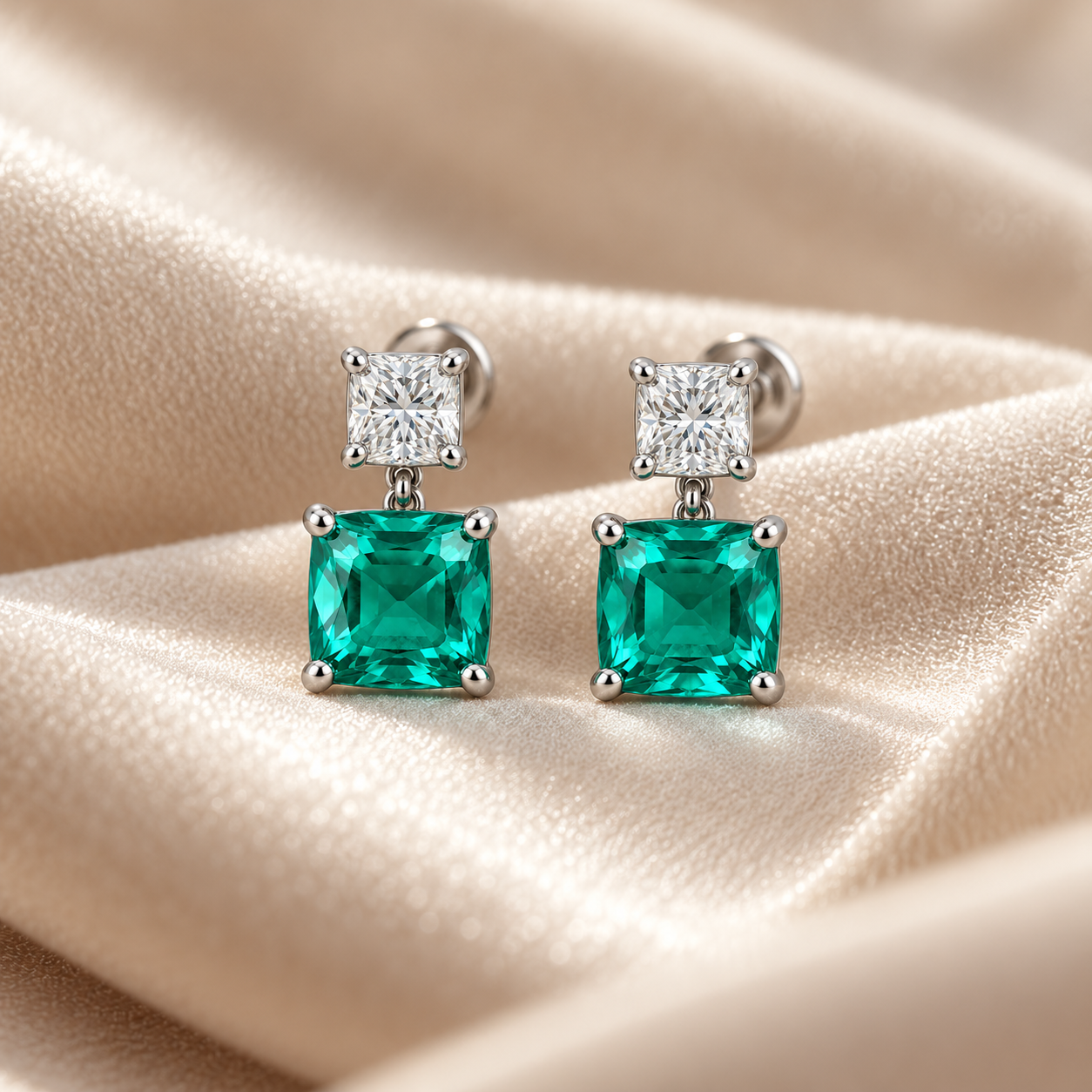 Green Square & Clear Princess Cut Two-Stone Drop Earrings