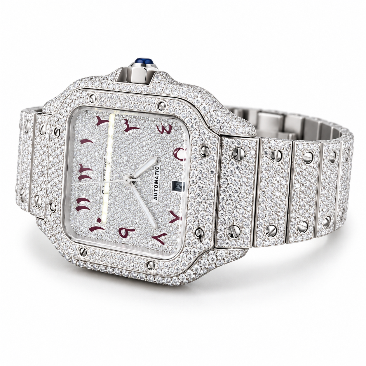 Iced Out Square Arabic Numeral Silver-Tone Watch – Custom diamond Statement Watch