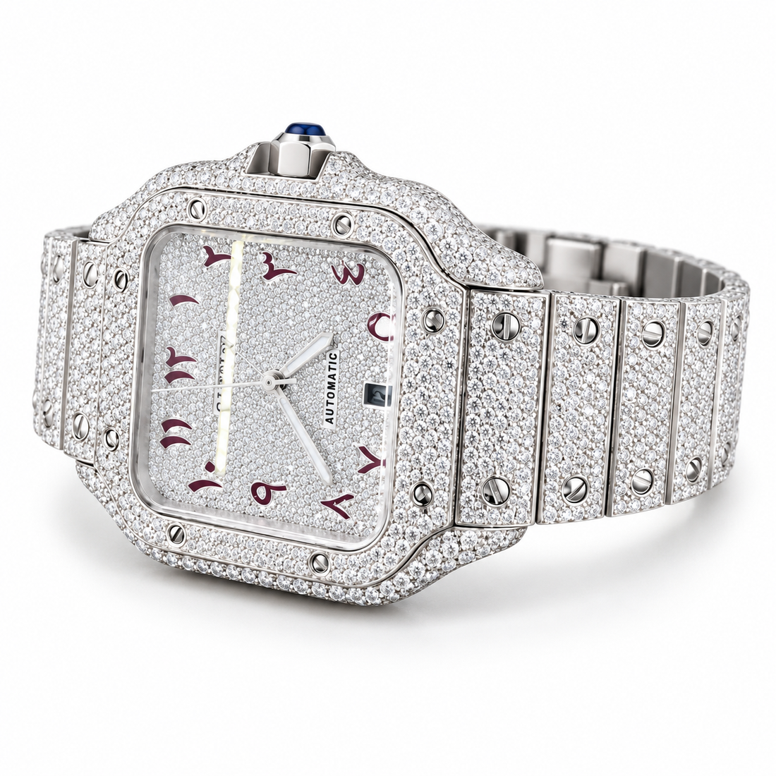 Iced Out Square Arabic Numeral Silver-Tone Watch – Custom diamond Statement Watch