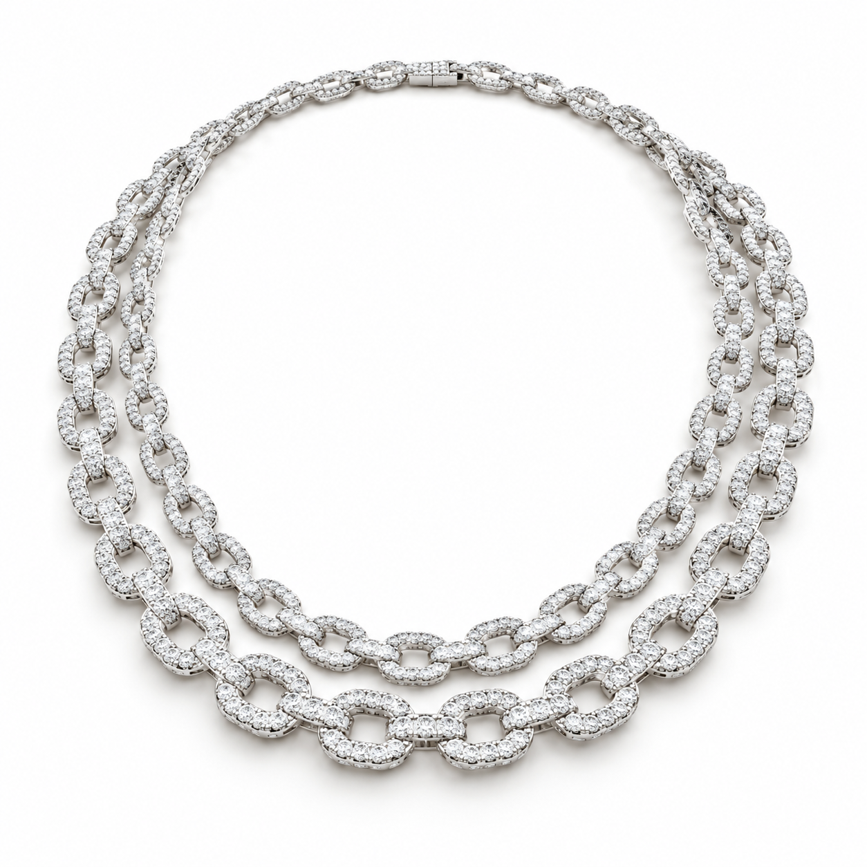 Iced Out Double Row Oval Link White Gold-Tone Chain – Custom Hip Hop Necklace