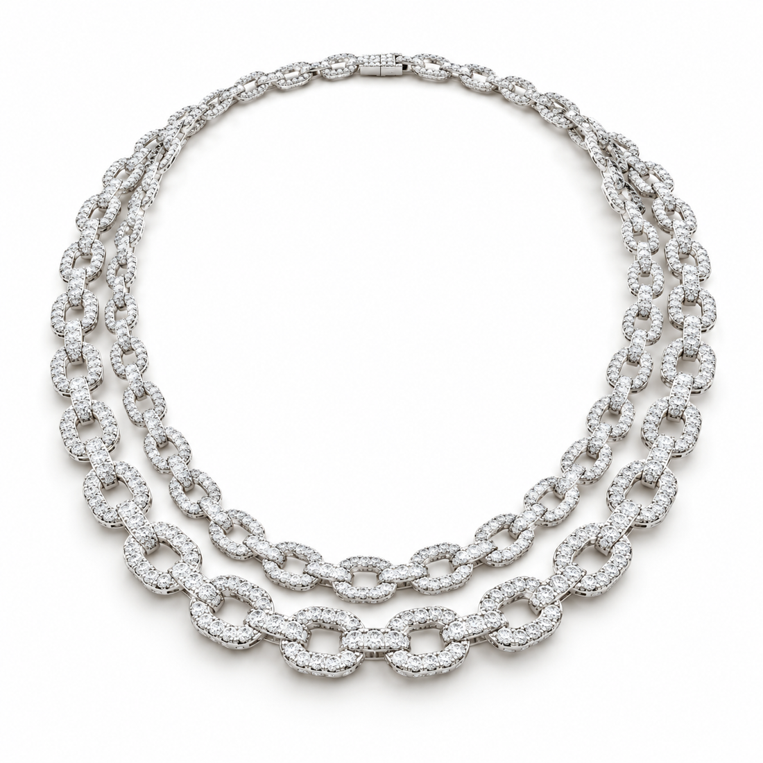 Iced Out Double Row Oval Link White Gold-Tone Chain – Custom Hip Hop Necklace