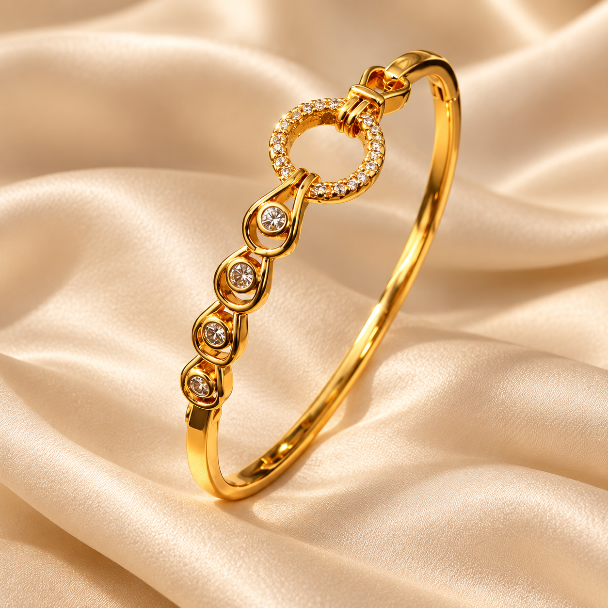 Yellow Gold-Tone Pavé Circle & Teardrop Motif Bangle Bracelet