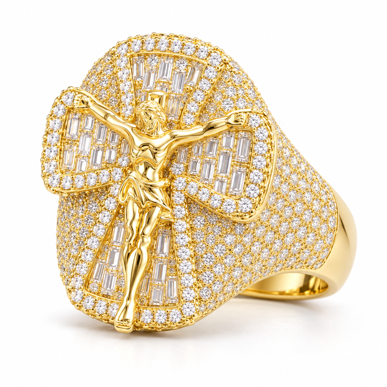 Jesus Crucifix Baguette Cross Iced Out Hip Hop Statement Ring