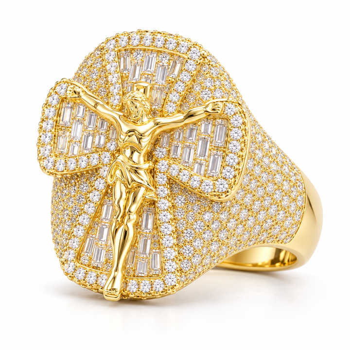 Jesus Crucifix Baguette Cross Iced Out Hip Hop Statement Ring