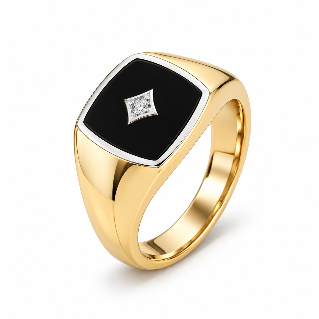 Black Panel Two-Tone Signet Ring with Star Motif Stone Accent
