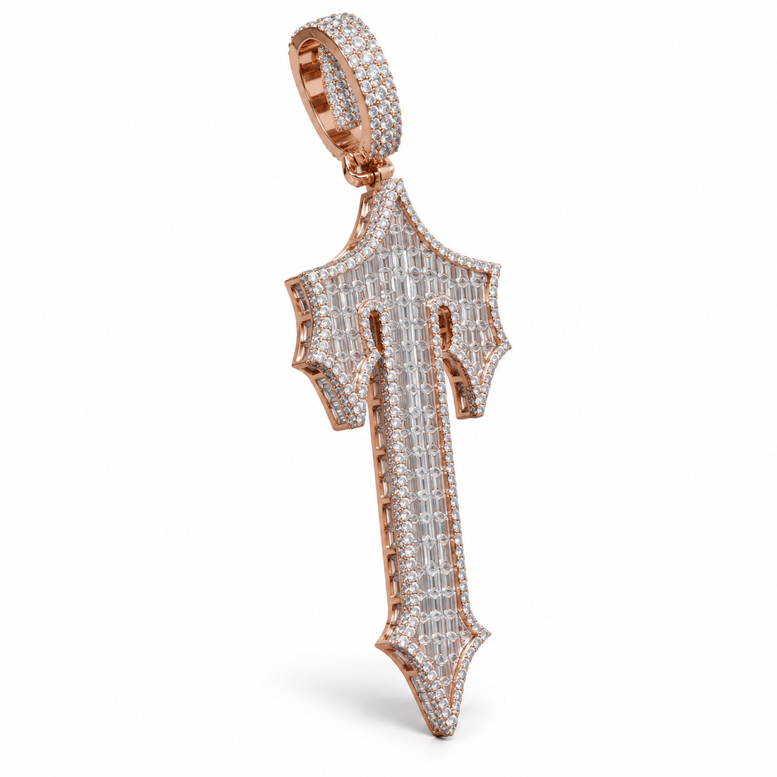 Gothic Letter T Baguette Iced Out Rose Gold-Tone Pendant – Custom Initial Hip Hop Jewelry