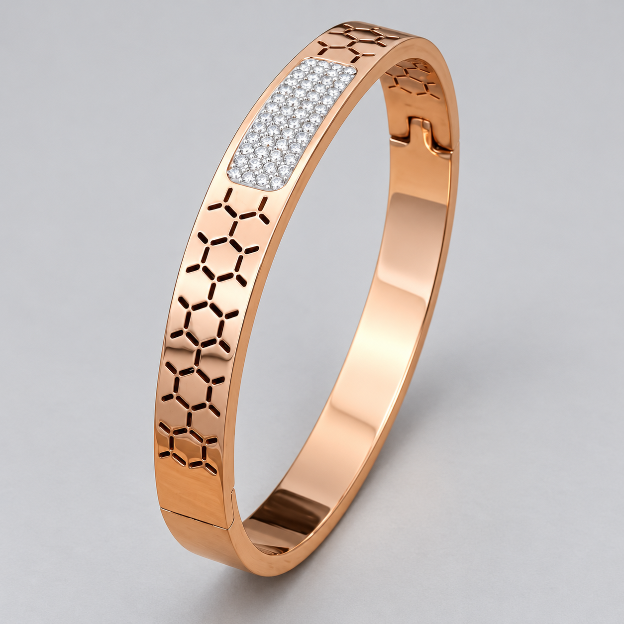 Rose Gold-Tone Honeycomb Cutout Bangle with Pavé Center Panel