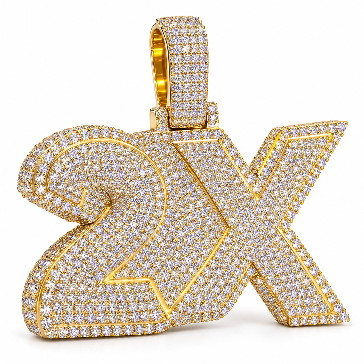 Custom 2X Iced Out Yellow Gold-Tone Pendant – Bold Letter & Number Hip Hop Jewelry