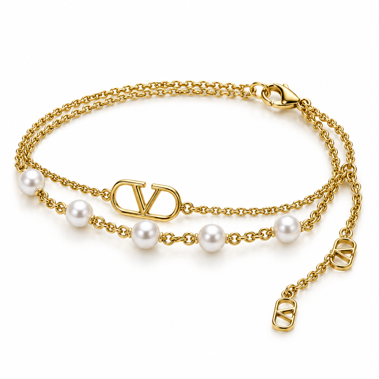 White Pearl Double-Strand Yellow Gold-Tone V Motif Bracelet