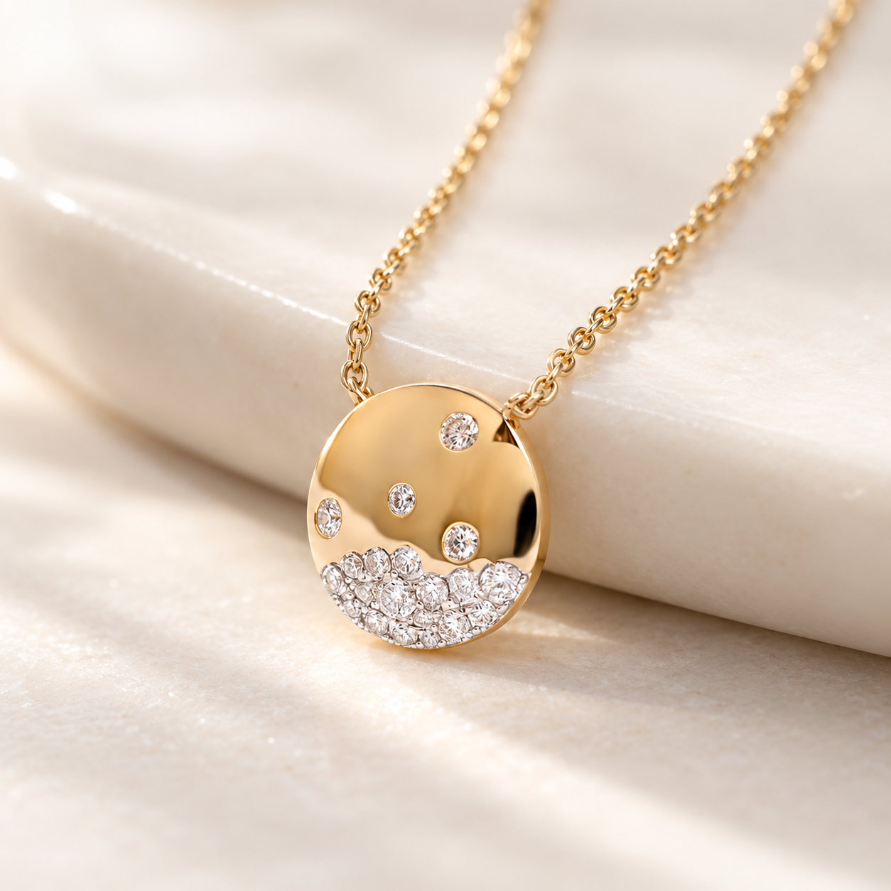 Round Disc Scattered Stone Yellow Gold Pendant Necklace