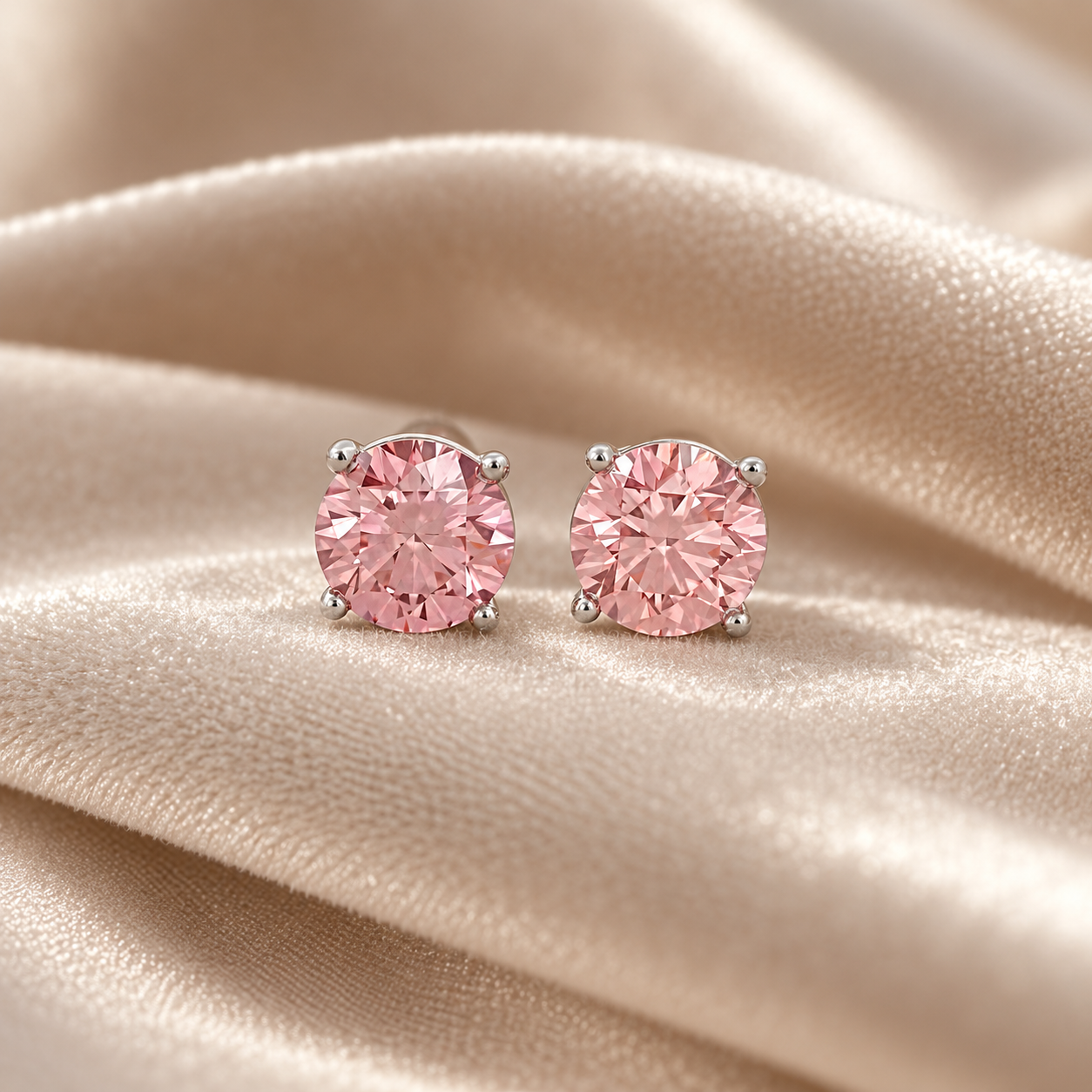 Pink Round Solitaire Stud Earrings in White Gold Tone