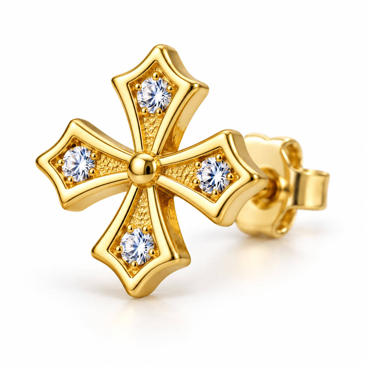 Men’s Flared Cross Yellow Gold-Tone Stud Earring with Four Round Stones