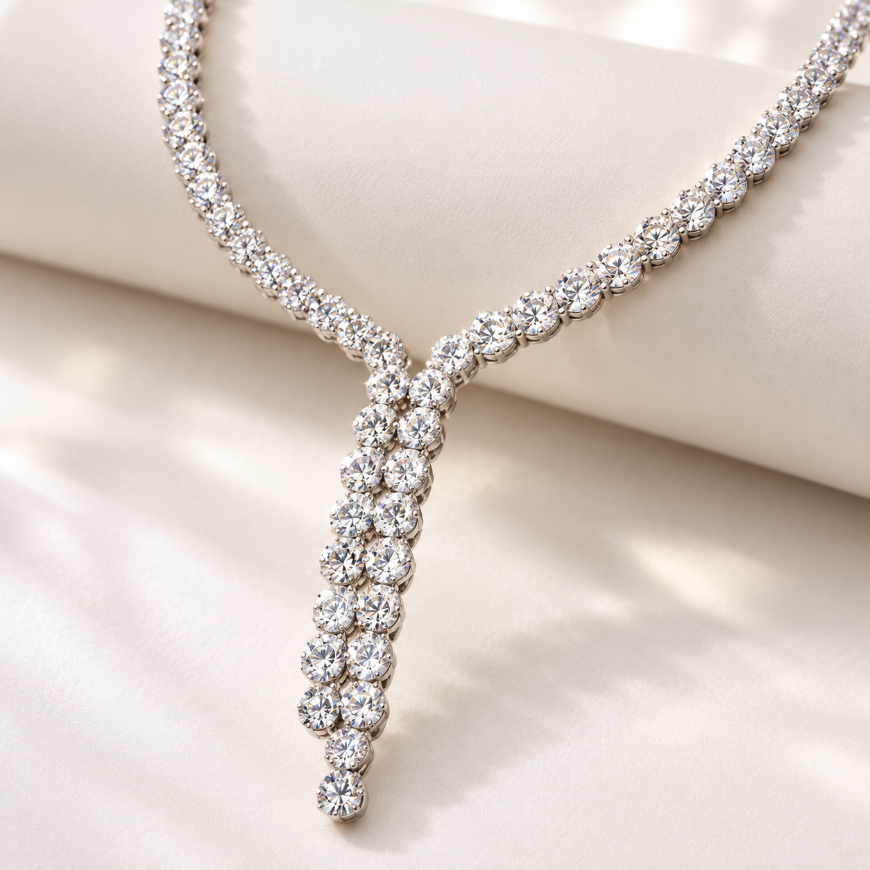 Round Cut Double Row Y Drop White Gold Diamond Necklace