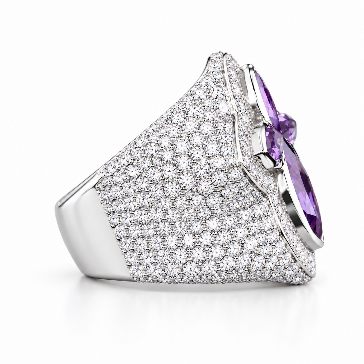 Iced Out Purple Marquise Floral Cross Ring