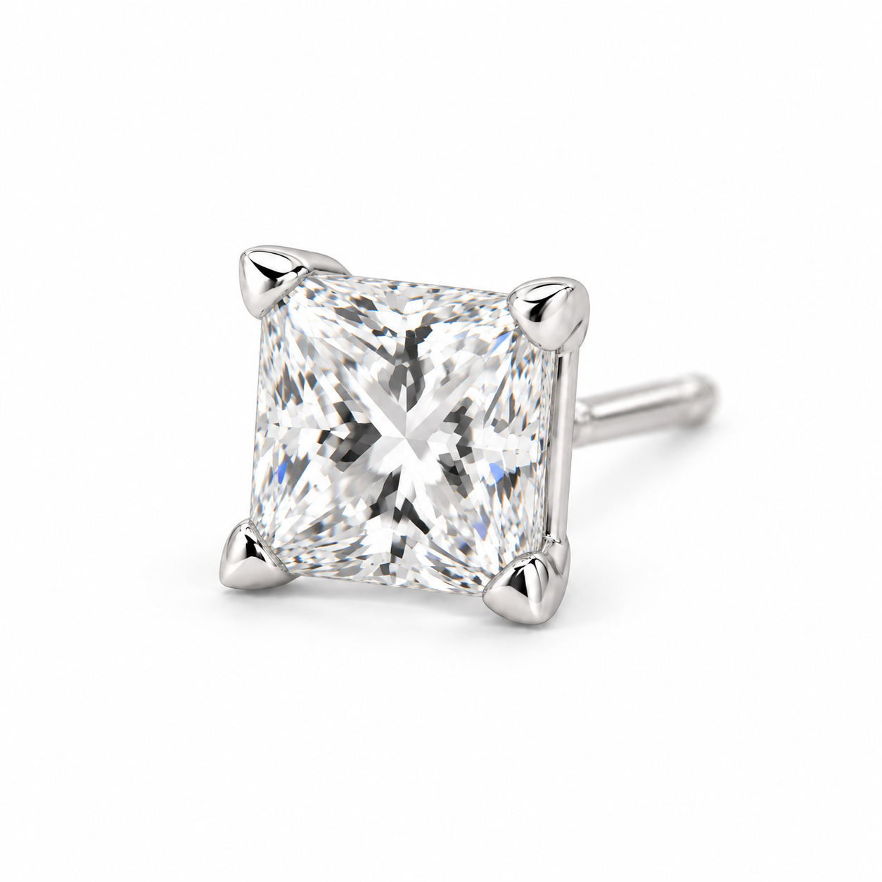 Men’s Princess Cut Solitaire Silver-Tone Four-Prong Stud Earring