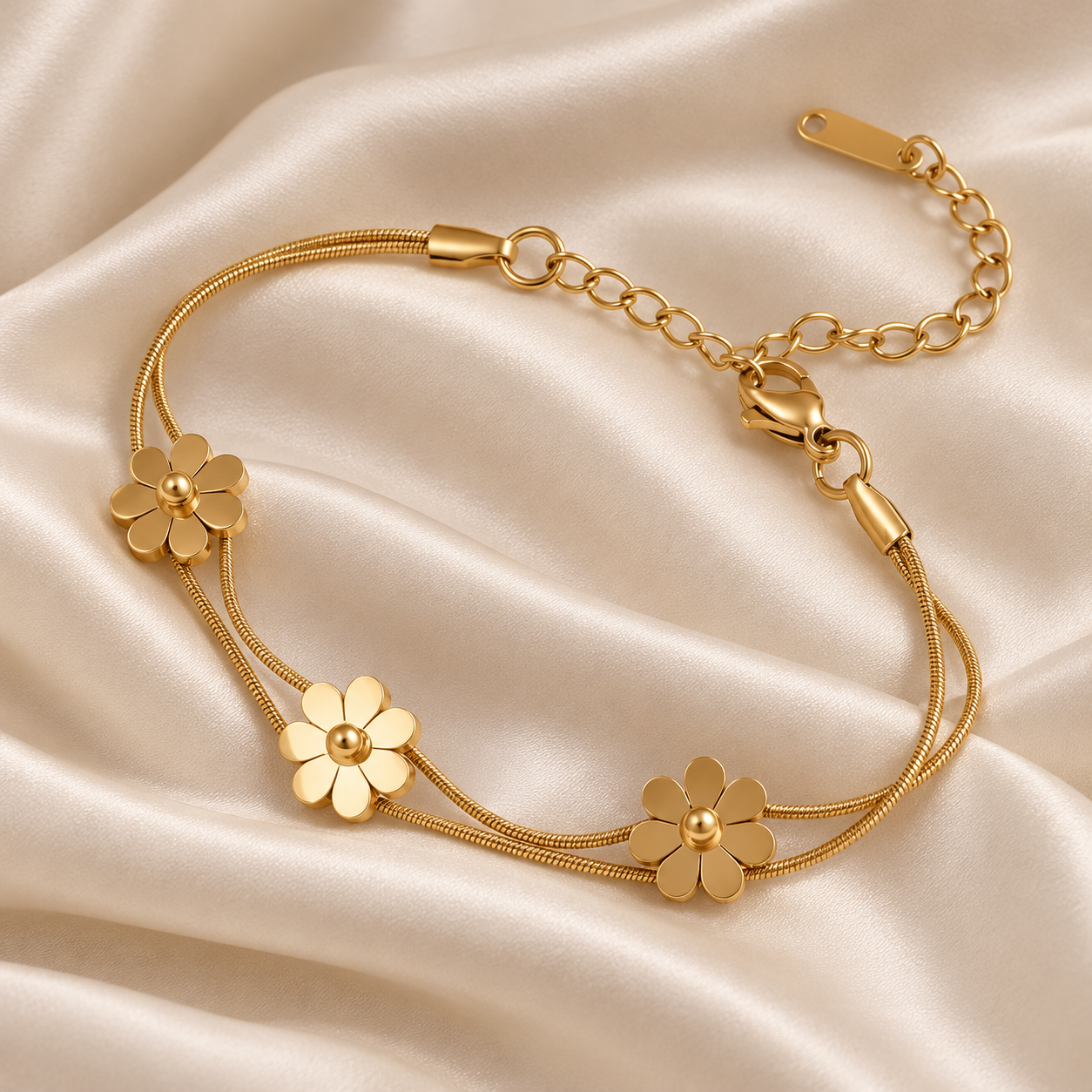 Polished Daisy Flower Double Snake Chain Yellow Gold-Tone Bracelet