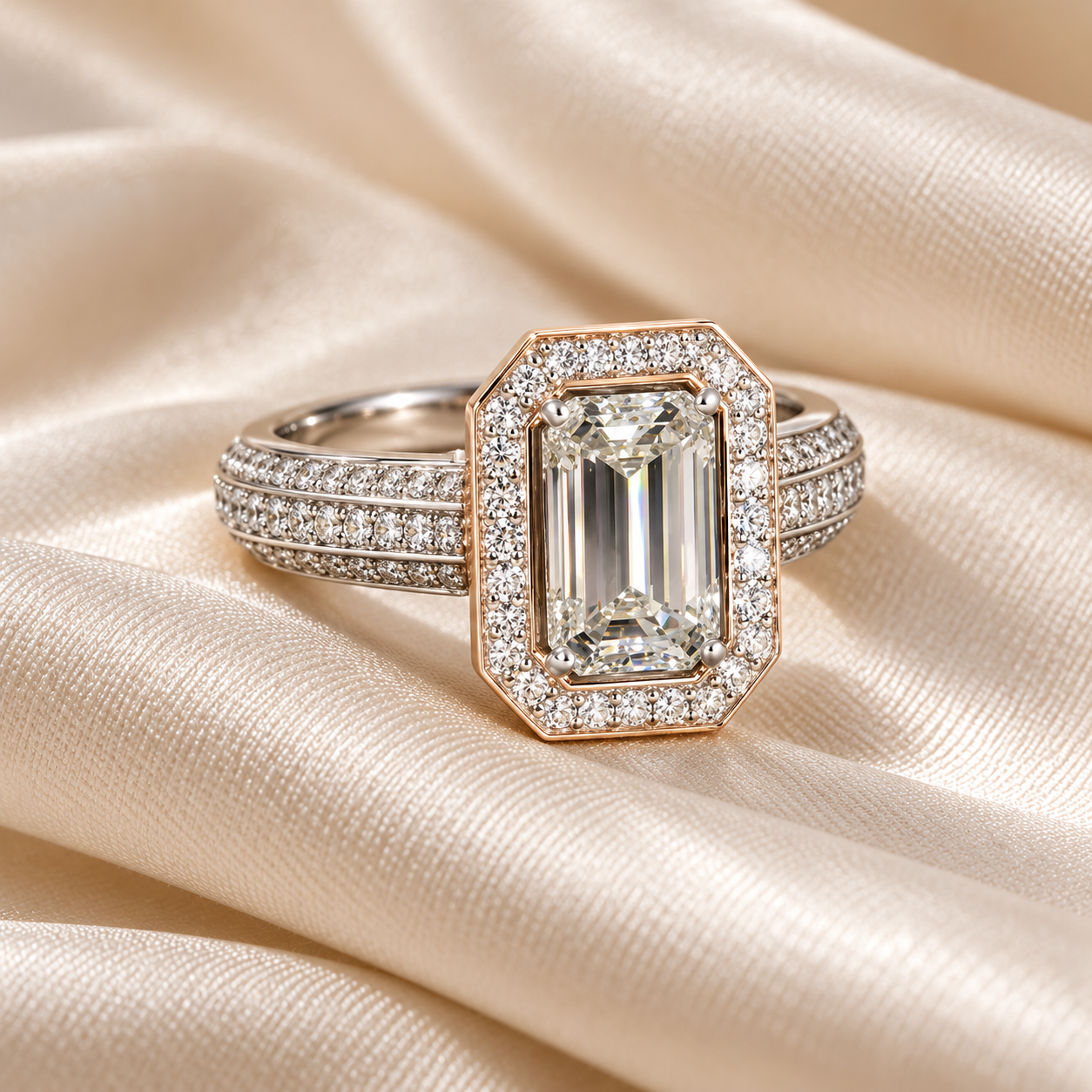 Women’s Two-Tone Emerald-Cut Halo Ring with Triple-Row Pavé Band