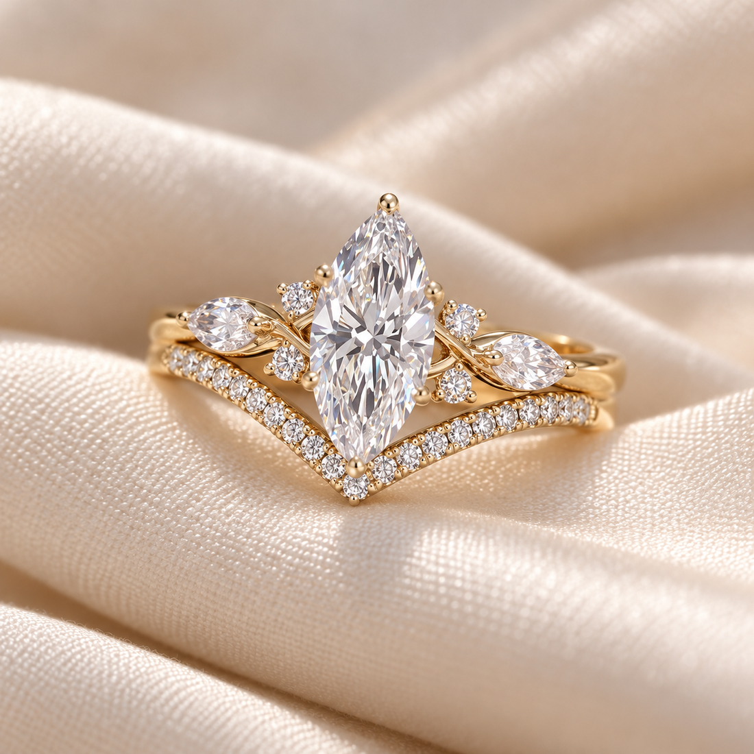 Marquise-Cut Yellow Gold-Tone Bridal Ring Set with Pavé Chevron Band