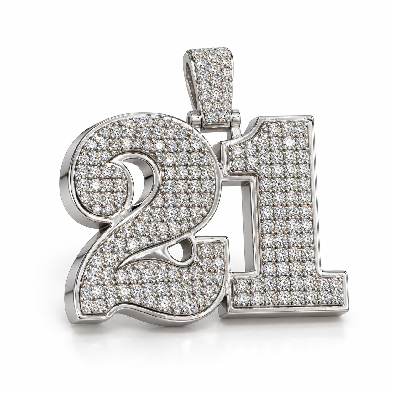 Iced Out Number 21 Pendant – Custom White Gold Tone Hip Hop Jewelry