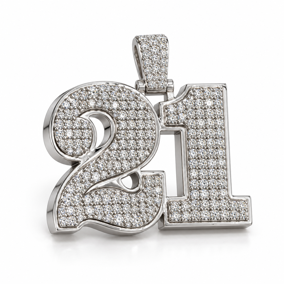 Iced Out Number 21 Pendant – Custom White Gold Tone Hip Hop Jewelry
