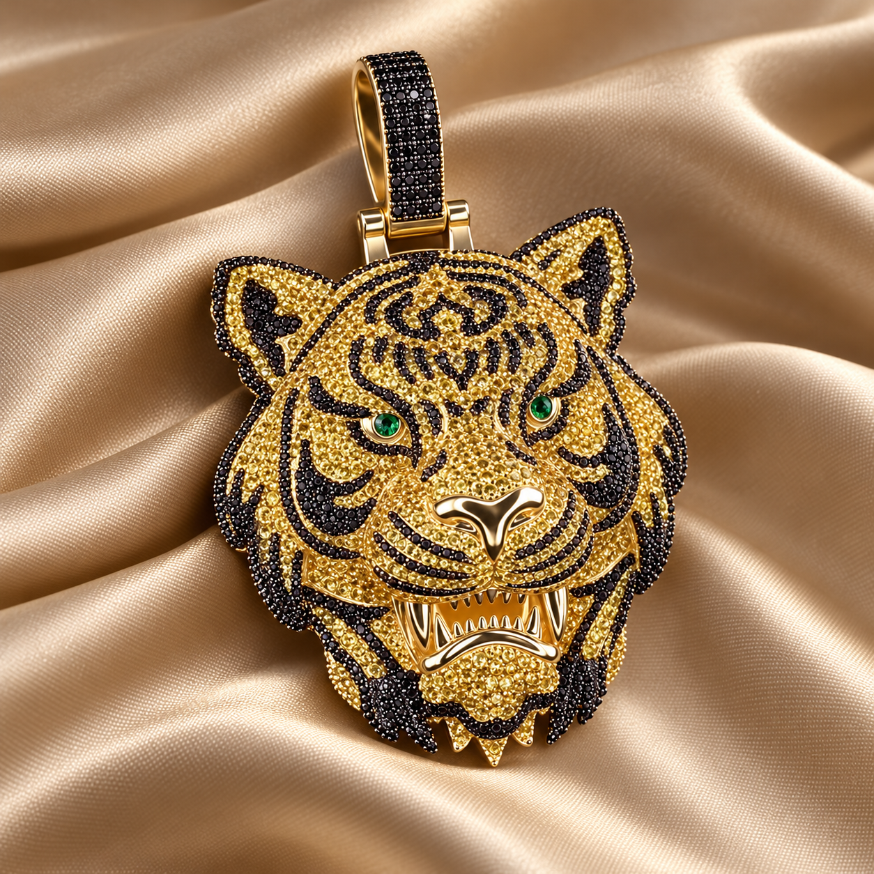 Roaring Tiger Head Yellow Gold-Tone Pavé Pendant with Black Stripes and Green Eyes