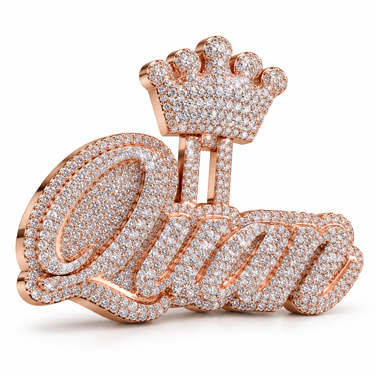 Custom Crown Script Name Iced Out Rose Gold-Tone Pendant – Personalized Hip Hop Jewelry