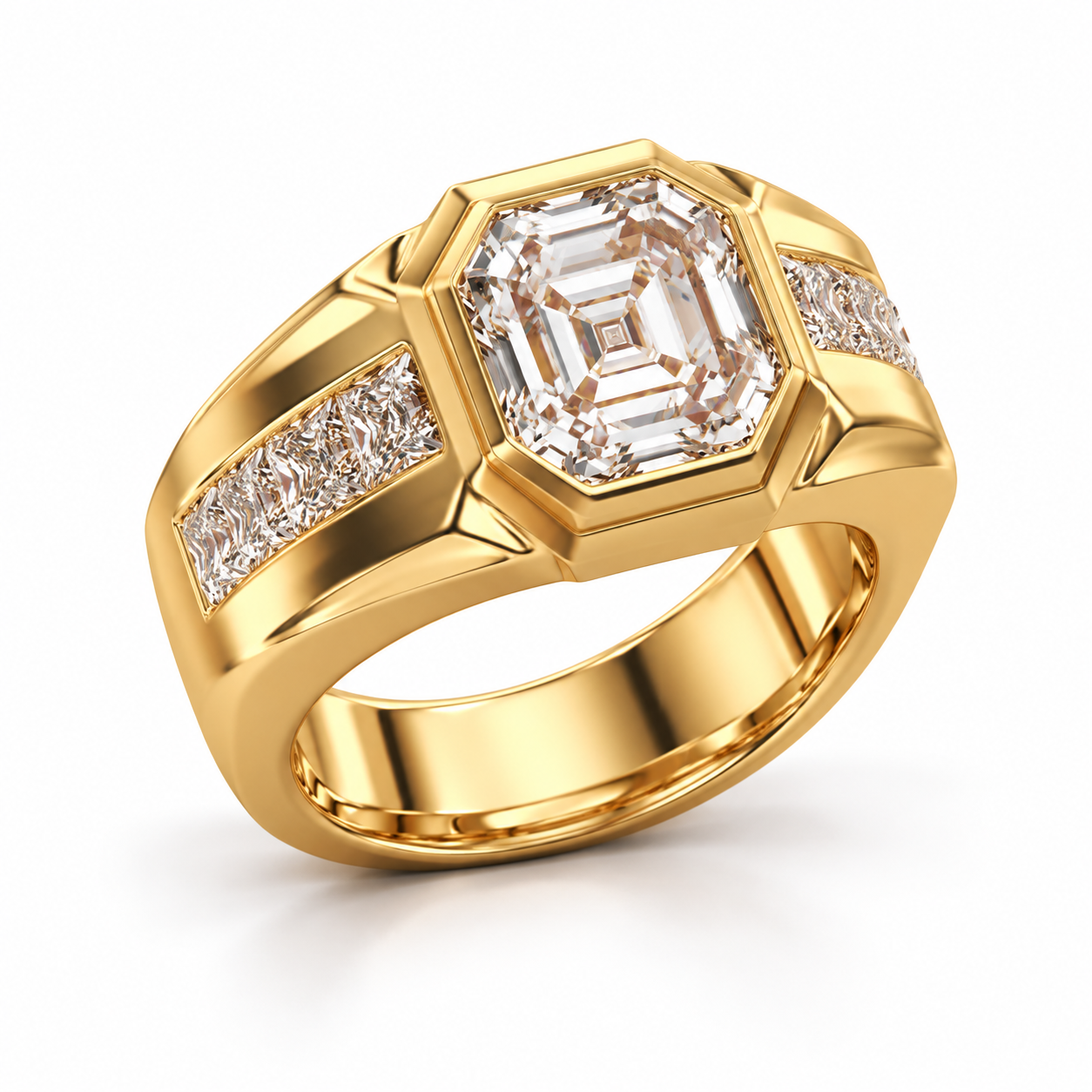 Asscher-Style Step Cut Yellow Gold-Tone Ring with Square Stone Shoulders