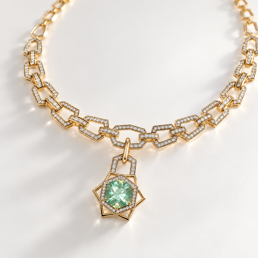 Mint Green Geometric Halo Pendant Necklace in Yellow Gold Tone