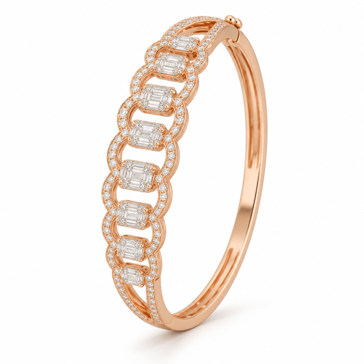 Rose Gold-Tone Emerald-Cut Halo Interlocking Oval Bangle Bracelet