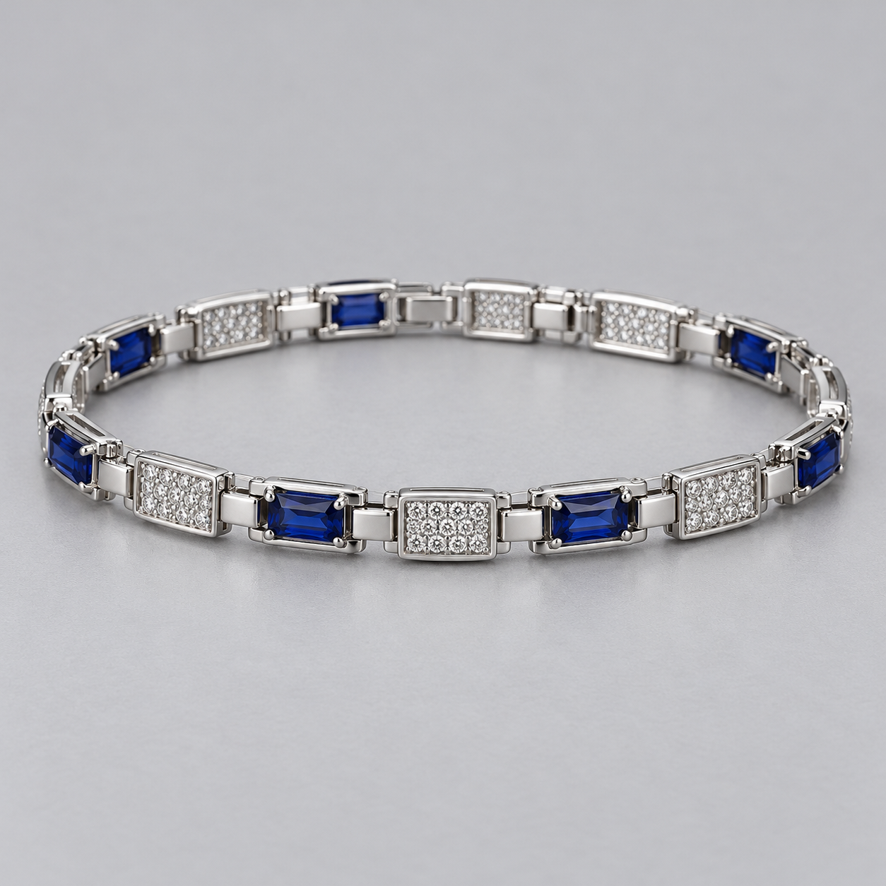 Silver-Tone Blue Rectangular Stone and Pavé Panel Link Bracelet