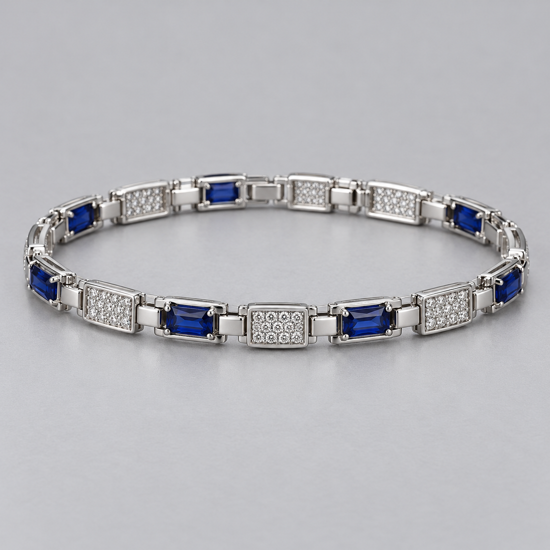 Silver-Tone Blue Rectangular Stone and Pavé Panel Link Bracelet