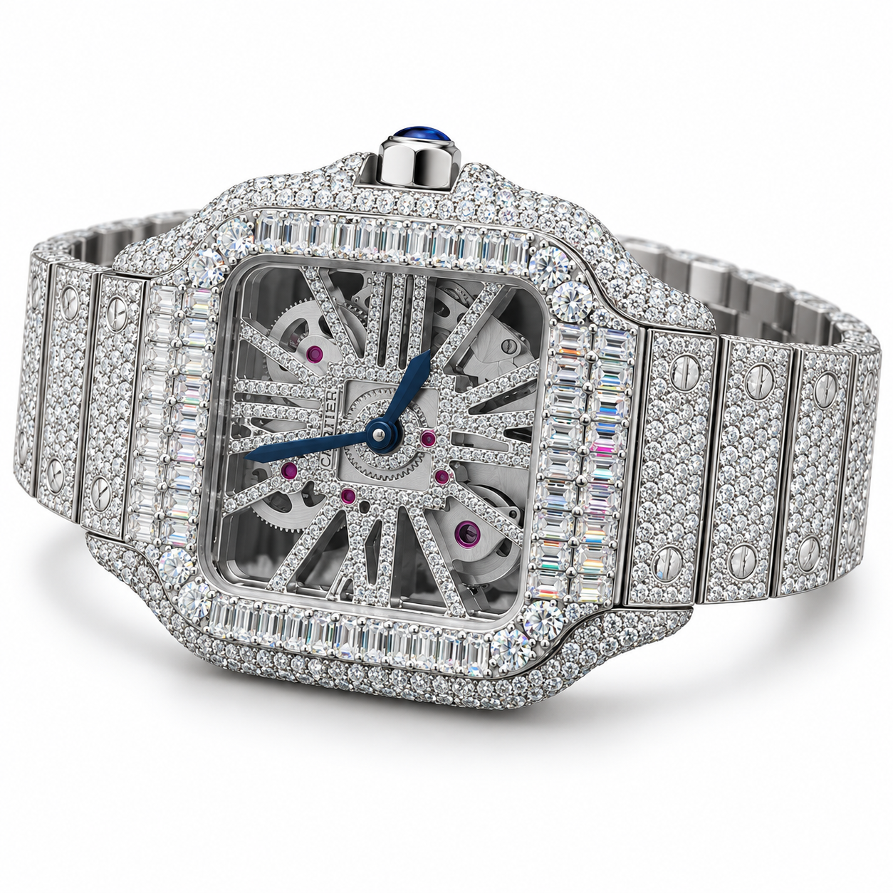 Iced Out Square Skeleton Baguette Bezel Watch – Custom Diamond Statement Watch