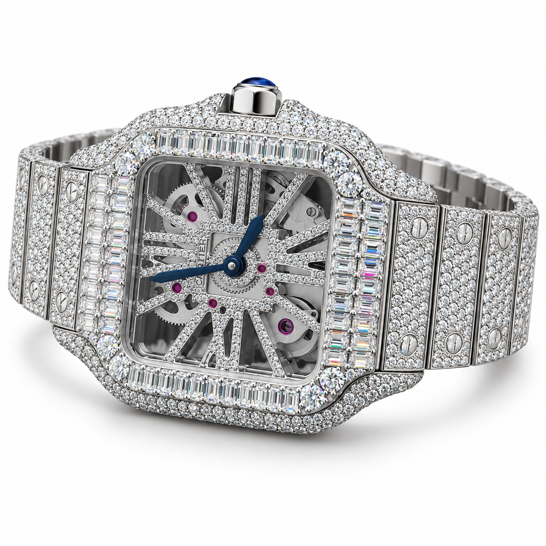 Iced Out Square Skeleton Baguette Bezel Watch – Custom Diamond Statement Watch