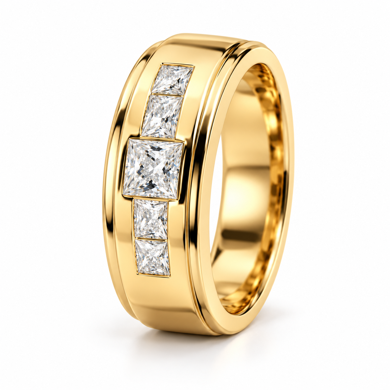 Seven Stone Princess Cut Yellow Gold-Tone Band Ring