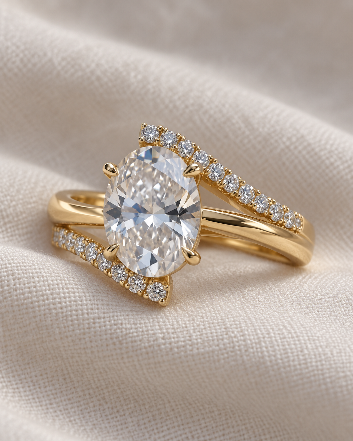 Oval Clear Stone Bypass Split Band Ring in Yellow Gold Tone