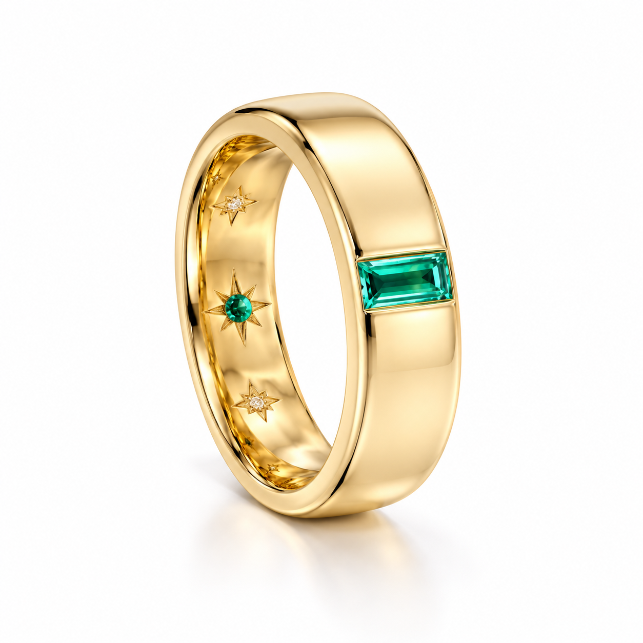 Green Baguette Yellow Gold-Tone Band Ring with Inner Starburst Detail