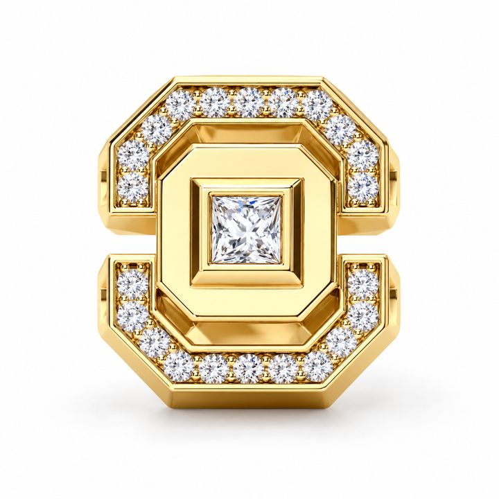 Men’s Square Center Stone Geometric Yellow Gold-Tone Stud Earring
