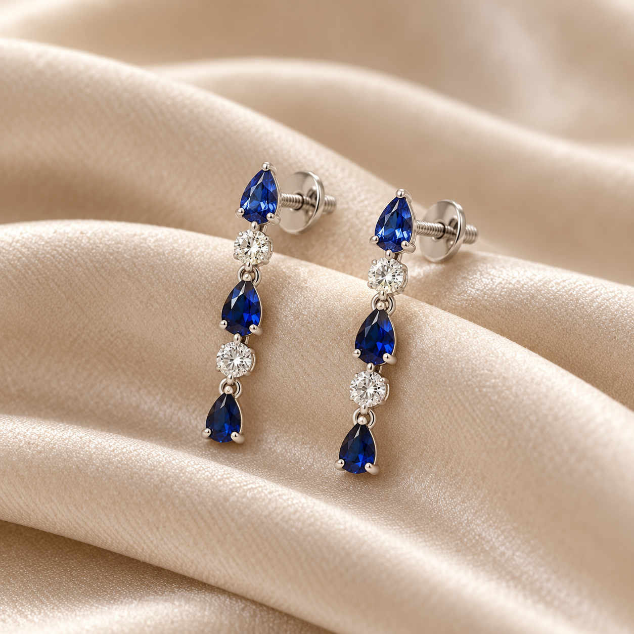 Blue Pear & Round White Stone Drop Earrings with Screw Backs
