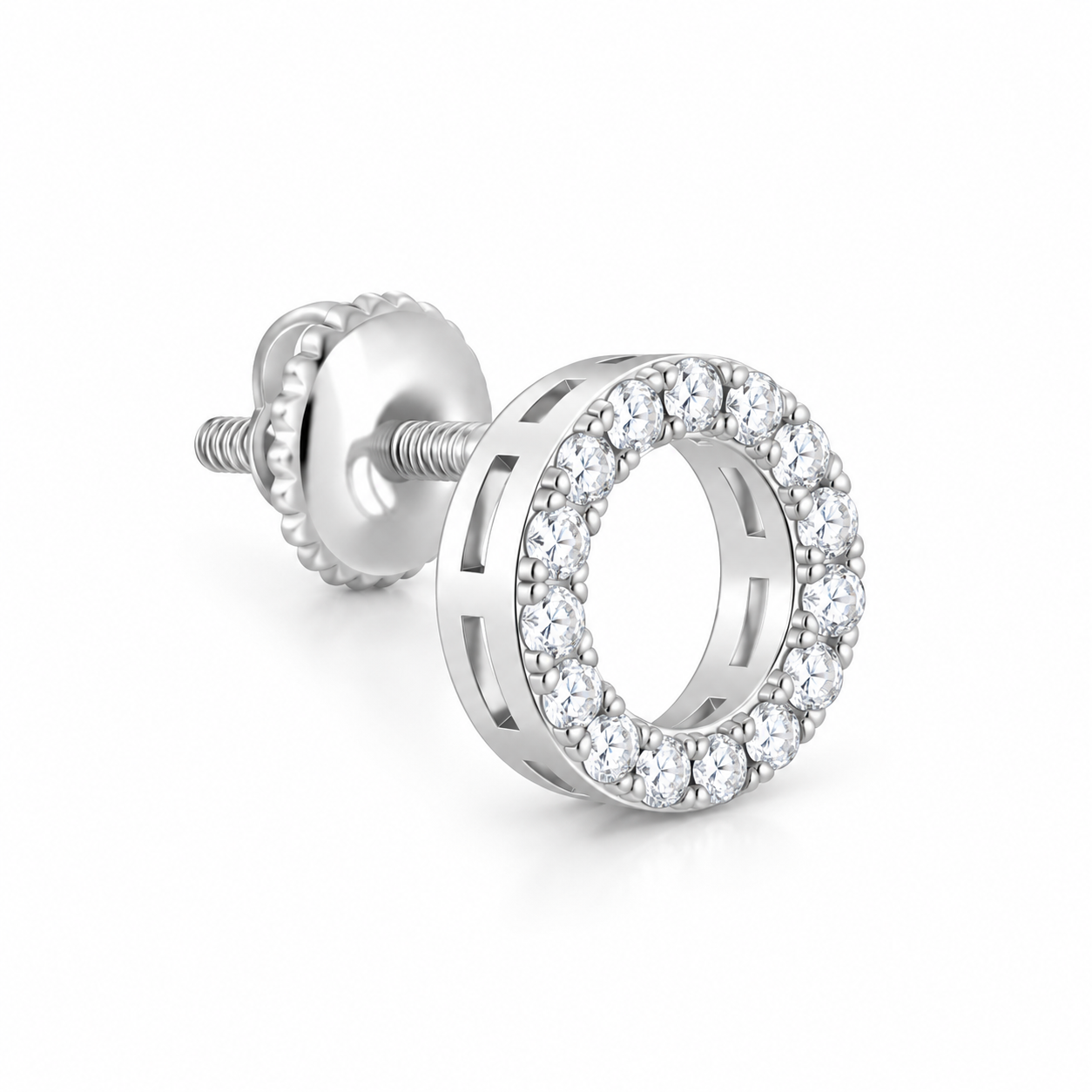 Men’s Open Circle Round Stone Silver-Tone Stud Earring