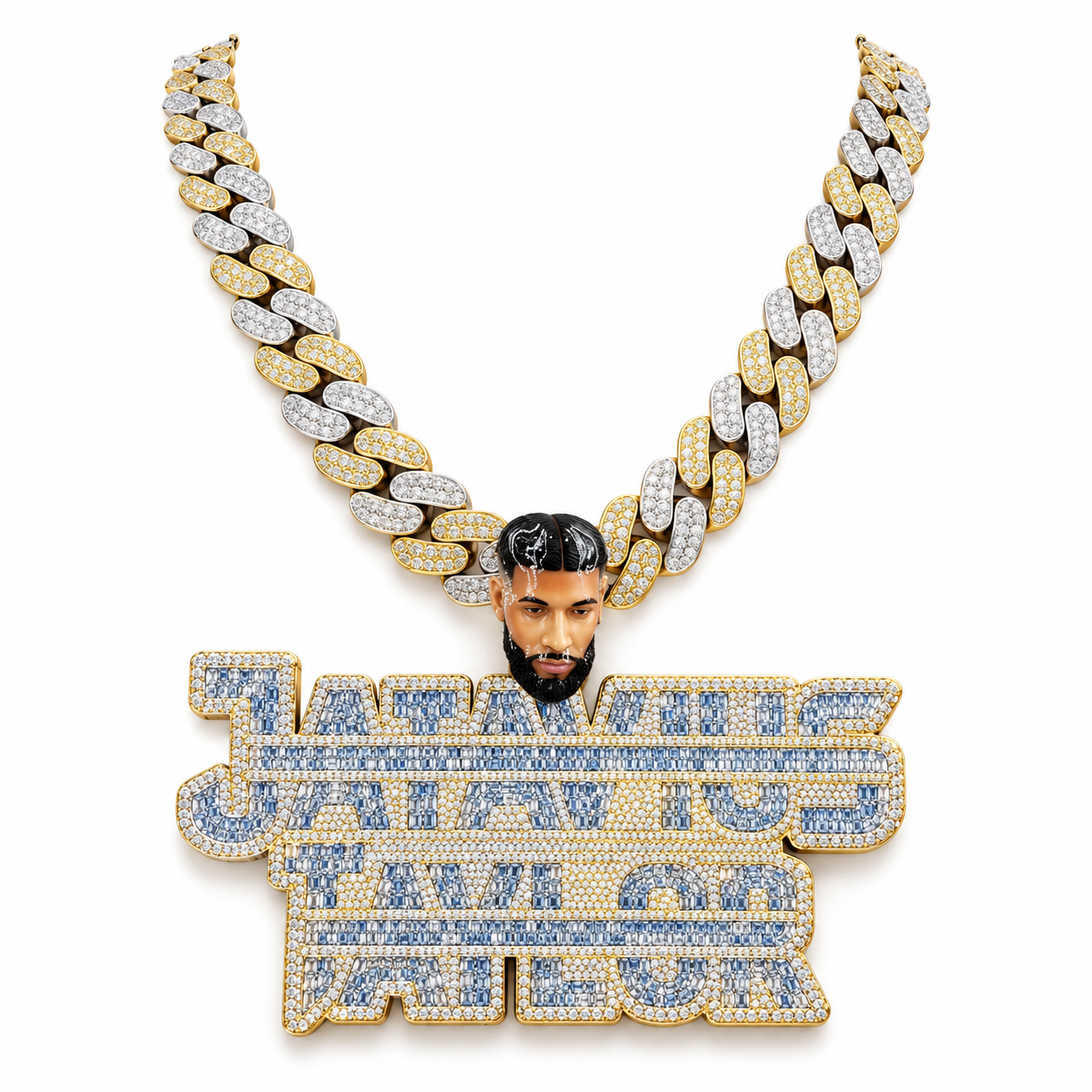 Custom Portrait and Stacked Name Pendant with Blue Baguette-Style Stones and Gold-Tone Detailing
